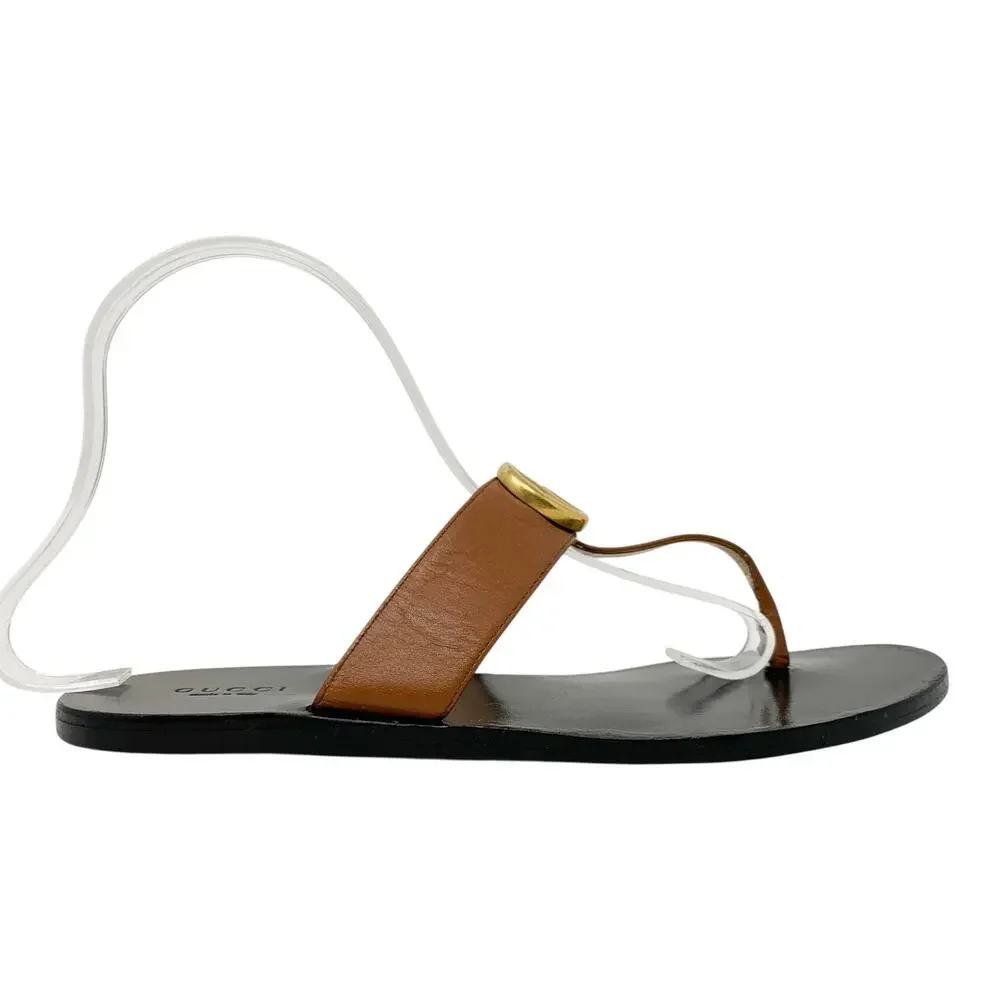Gucci Marmont GG Brown Leather Thong Sandals Gold Logo Flats EU 37.5
